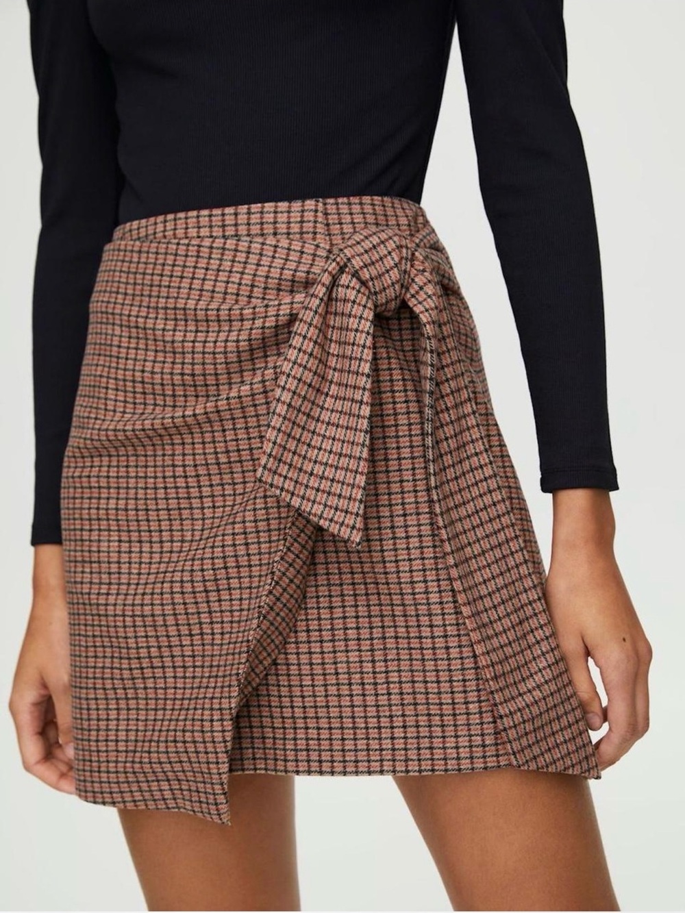 NEW! Wilfred wool blend Checkered Tie-Waist Mini Skirt - Rust and Brown